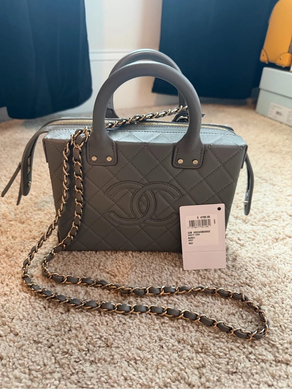 CHANEL Quilted Gray Mini Vanity Crossbody Bag with Gold Chain Authentic
